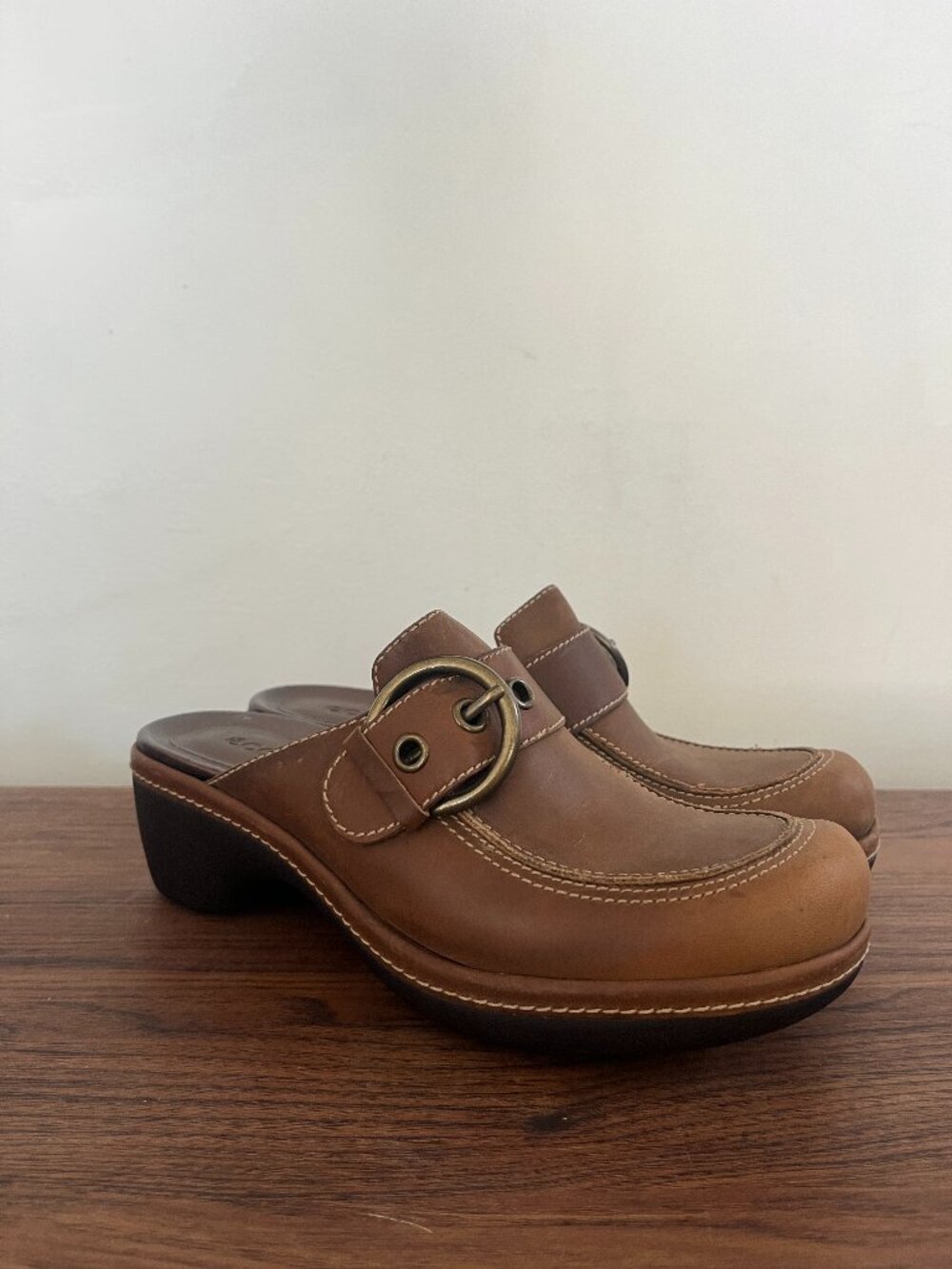 Y2K Ecco Leather Buckle Clogs Brown Bratz Fall Boho Chunky Gilmore Girls Sz 6.5